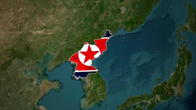 Satellite view of North Korea overlaid with its national flag and a coastal perspective