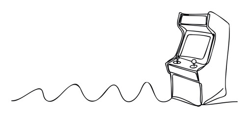 Line drawing of a classic arcade video game machine with a screen, joystick, and buttons connected by a dynamic wavy black line, perfect for gaming industry promotions or nostalgic