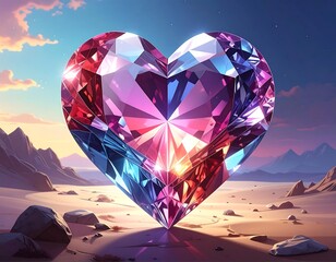 Fototapeta premium Large, radiant heart-shaped gem glows in the desert at sunset