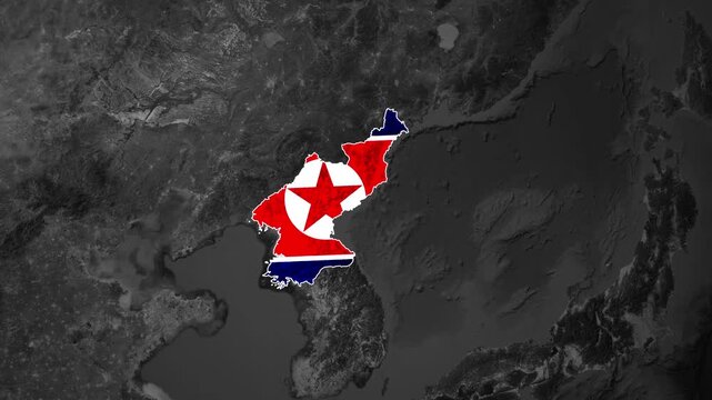 North Korea map filled with national flag animation texture over muted world view