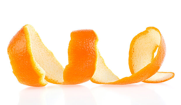 Fresh citrus twist of orange fruit isolated on a white background. Spiral orange zest. Juicy fresh orange skin.