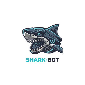 Mechanical robotic shark head mascot logo for gaming team or cyber security tech company branding identity featuring text Shark-Bot.