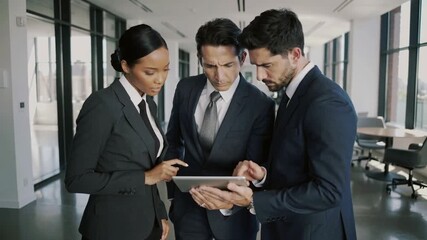 Three business professionals reviewing financial report on tablet during teamwork meeting in modern office corridor. - Powered by Adobe