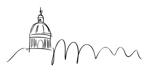 Minimalist continuous single line drawing depicting a grand domed building transitioning into a flowing abstract wave, ideal for architectural branding, travel agency logos, or elegant