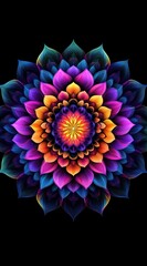 Intricate Circular Cosmic Mandala Art with Symmetrical Floral Petals in Vibrant Rainbow Colors on Black
