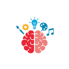 A colorful illustration depicting a human brain with various icons representing creativity, logic, art, music, and ideas, symbolizing different thought processes.