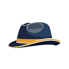 A stylish blue fedora hat with a yellow band, depicted in a clean, illustrative style on a white background.