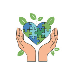 A pair of hands gently holding a heart-shaped puzzle with blue and green pieces, surrounded by green leaves, symbolizing care, unity, and environmental well-being.