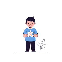 Smiling boy holding a puzzle piece with a pink awareness ribbon, standing next to a small plant, flat illustration style.