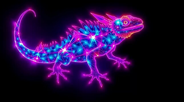 Abstract fractal reptile design, lizard formed from geometric shapes and neon lights, digital art fantasy style