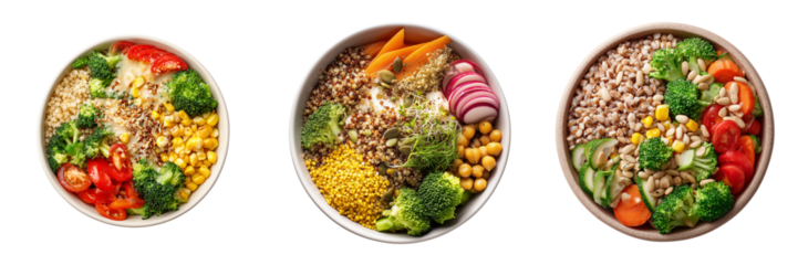 Three healthy grain bowls with fresh vegetables and seeds displayed in a row isolated on a transparent background