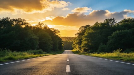 Empty road at sunset with trees