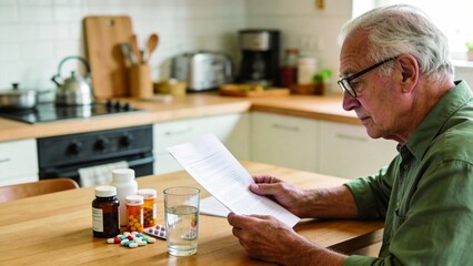 Elderly man reading document in kitchen
