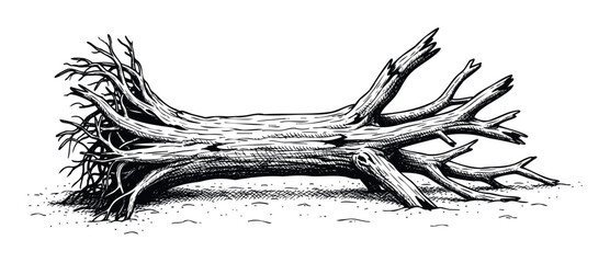 Obraz premium Detailed woodcut style drawing of a gnarled dead tree log with exposed roots and broken branches, suitable for naturethemed graphic projects and rustic design elements