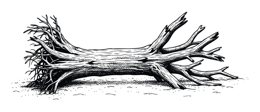 Detailed woodcut style drawing of a gnarled dead tree log with exposed roots and broken branches, suitable for naturethemed graphic projects and rustic design elements