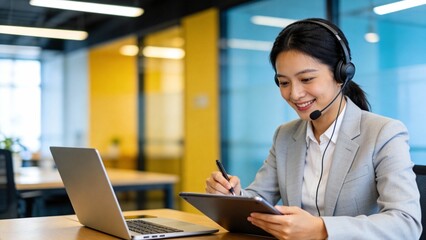Woman in office using laptop and tablet
