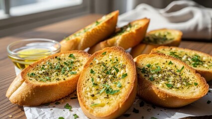 Golden toasted bread slices, with herbs and a side of dipping oil