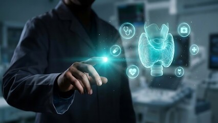 Man interacting with virtual technology interface.