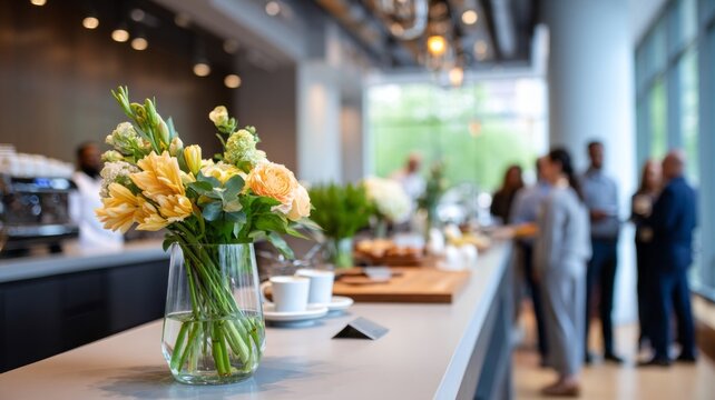 A vase of flowers sits on a counter in a restaurant
