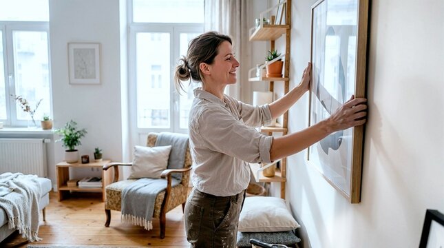 Woman doing home staging, organizing and decorating living space hanging a picture on the wall and details for cozy atmosphere, interior design theme