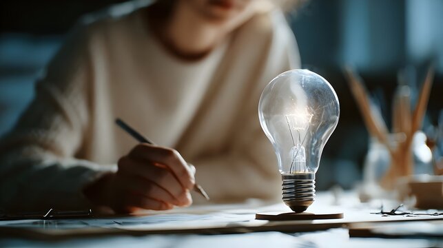 Close-up of a glowing light bulb with brain elements above a woman working at a desk. Concept: Creative thinking innovation, idea generation, problem solving, big data, Knowledge-driven success in the