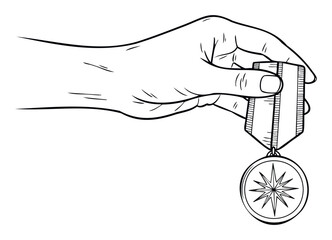 A human hand firmly grasping a medal featuring a prominent star symbol, signifying outstanding achievement, victory, and honor, ideal for awards ceremonies and recognition events.