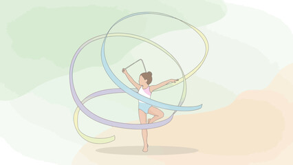 Young girl performing rhythmic gymnastics with colorful ribbons