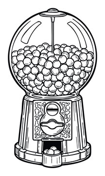 Classic gumball candy machine filled with numerous round sweets in a detailed outline style perfect for playful designs educational resources and printable coloring book activities