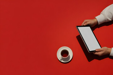 Person using tablet computer with blank screen and a coffee cup.