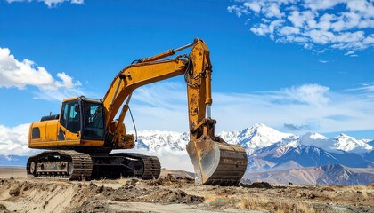 ** A powerful excavator operates in a stunning mountain setting, surrounded by snow-capped peaks and a clear blue sky. **