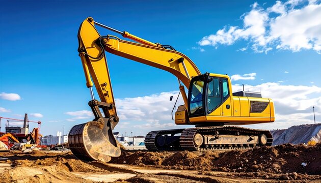 A vibrant yellow excavator at a construction site, showcasing industrial machinery and earth-moving equipment under a clear sky.