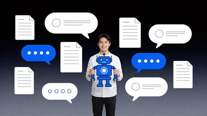 Man holding robot with speech icons