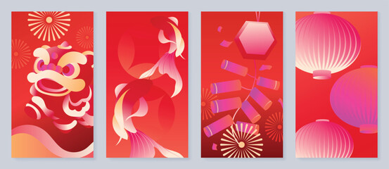 Happy Chinese New Year 2026 vector poster set with lion dance face, lucky knot bow and festive confetti on orange and red gradient background. Festive lunar holiday design for greeting cards, banners. © TWINS DESIGN STUDIO