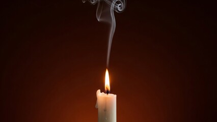 A lit white candle with smoke curling upwards against a dark background creating a serene and peaceful atmosphere with soft warm lighting