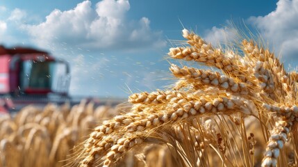 Golden Wheat Field with Combine Harvester in Background Under Blue Sky and White Clouds