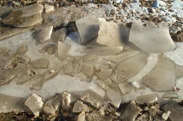 Large pieces of crushed ice in winter in a puddle closeup