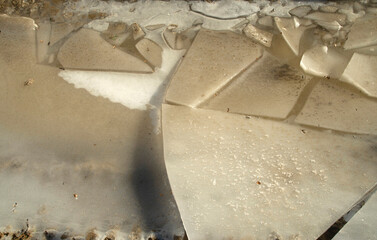 Large pieces of crushed ice in winter in a puddle closeup