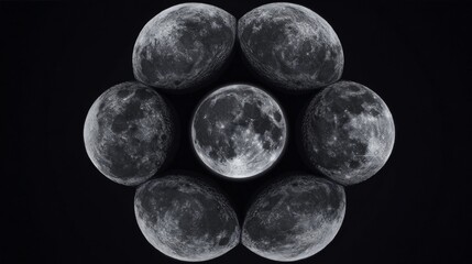 A close up of the moon and the other five moons surrounding it. Concept of wonder and awe at the beauty of the celestial bodies