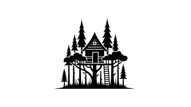 Whimsical treehouse nestled among tall trees, a vector illustration.