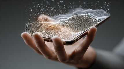Hand holding a smartphone with a digital landscape emerging from the screen isolated on white background