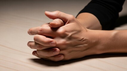 Interlocked hands of a person in a contemplative mood on a wooden surface
