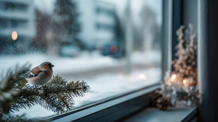 A serene winter view featuring a bird perched on a pine branch outside a frosted window, with snow covered scenery and festive decorations.