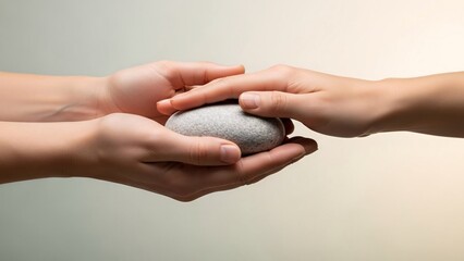 Hands exchanging a smooth gray stone symbolizing trust cooperation and harmony in a serene and minimalist setting with soft lighting