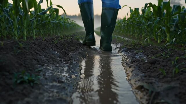 cinematic 4K video of a man walking in rubber boots through a wet farmer's field at dawn, low-angle close-up of boots splashing mud and water, morning fog surrounding green crops, soft natural light