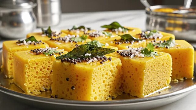 A video showcasing a delicious and vibrant plate of traditional Indian dhokla