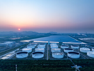 White oil storage tanks in industrial zone