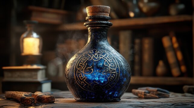 Mysterious elixir bottle with ancient runes in a magical library setting