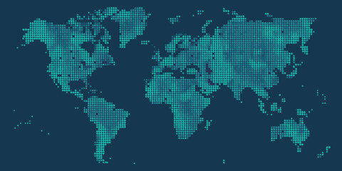 Pixelated world map illustration with teal and dark blue color scheme