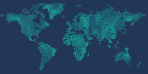 A digital world map constructed from glowing turquoise pixel squares