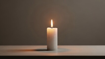 Single white candle burning with a warm flame on a table against a dark background creating a peaceful ambiance